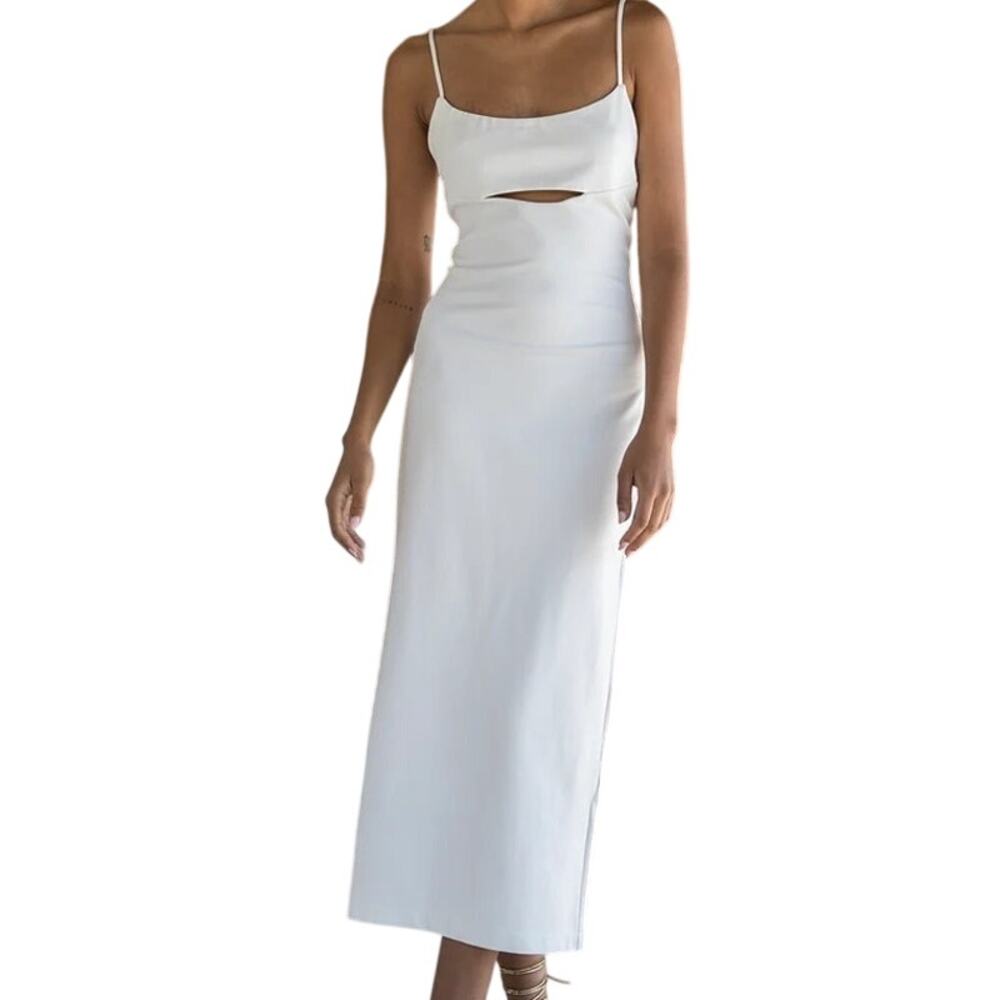 Line and Dot NEW Solid White Flirty Feminine Bachelorette Minimalist Midi Dress